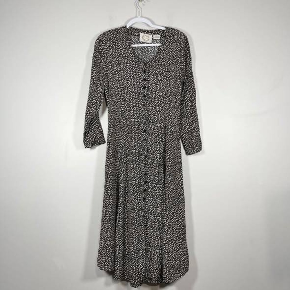 VTG Erika Prairie Midi Dress Womens Medium Black Ditsy Floral Buttons Lace Up